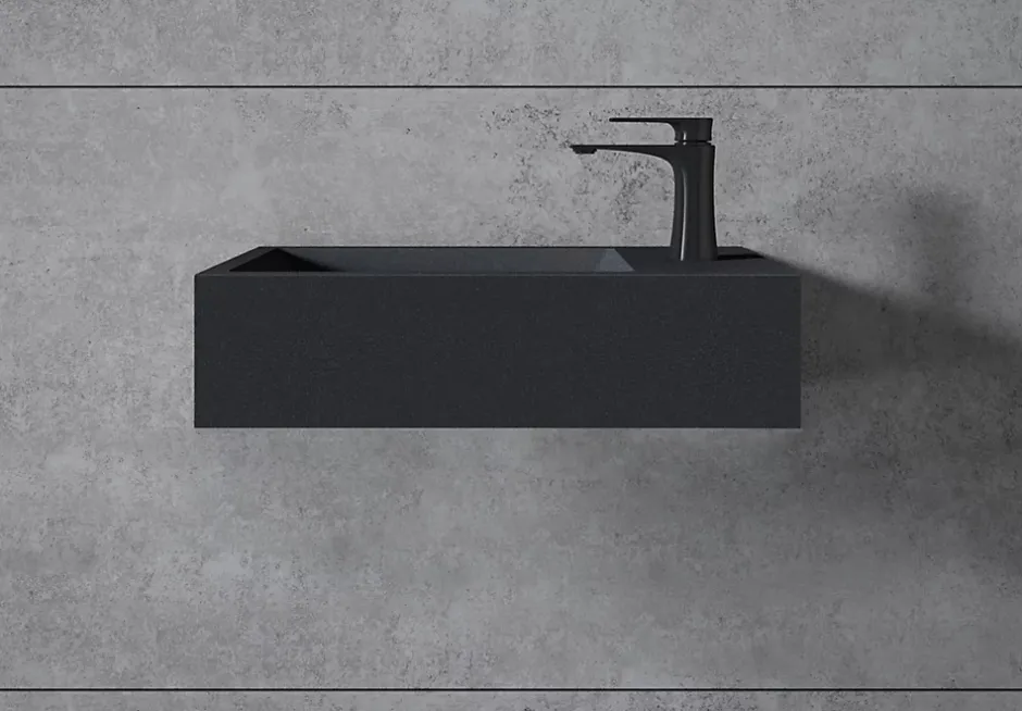 Bernstein Vasque murale suspendue design 44x22x10cm en fonte minérale - Avec bonde et cache, Rangement droite, Sans console, Quartz noir* Lavabo