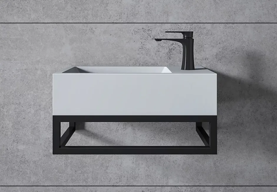 Bernstein Vasque murale suspendue design 44x22x10cm en fonte minérale - Blanc mat, Avec bonde, Sans cache, Rangement droite, Avec Console