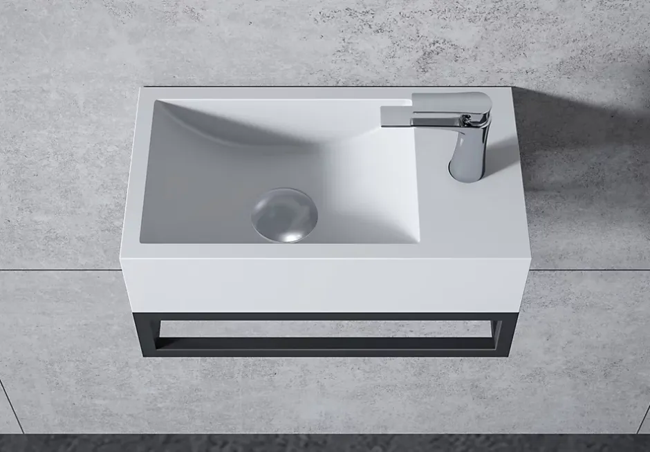 Bernstein Vasque murale suspendue design 44x22x10cm en fonte minérale - Blanc mat, Avec bonde, Sans cache, Rangement droite, Avec Console