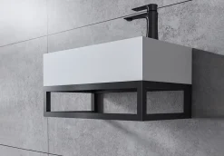 Bernstein Vasque murale suspendue design 44x22x10cm en fonte minérale - Blanc mat, Avec bonde, Sans cache, Rangement droite, Avec Console