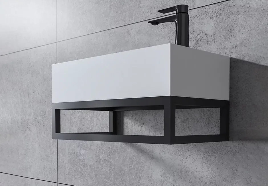 Bernstein Vasque murale suspendue design 44x22x10cm en fonte minérale - Blanc mat, Avec bonde, Sans cache, Rangement droite, Avec Console
