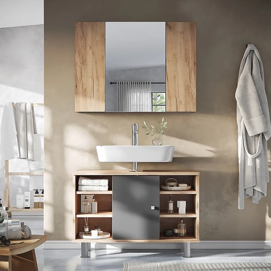 Vicco Armoire de toilette Chêne de force doré 80x59.2cm avec des étagères* Armoire De Toilette