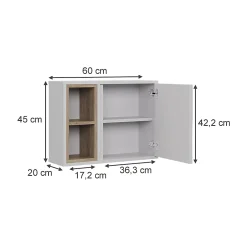 Vicco Armoire de toilette blanc/chêne 60x45cm avec 2 compartiments ouverts et 1 porte