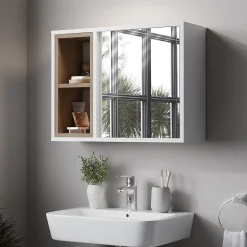 Vicco Armoire de toilette blanc/chêne 60x45cm avec 2 compartiments ouverts et 1 porte