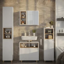 Vicco Armoire de toilette blanc/chêne 60x45cm avec 2 compartiments ouverts et 1 porte