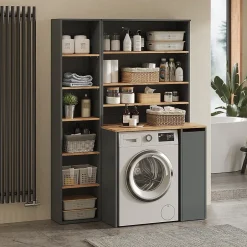 Vicco Armoire machine à laver Anthracite/chêne doré 93.6x88.2cm 2 pièces avec placard et étagère* Meuble Wc
