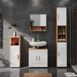 Vicco Ensemble de meubles de salle de bain Blanc brillant/Chêne doré 4 pièces, avec armoire haute