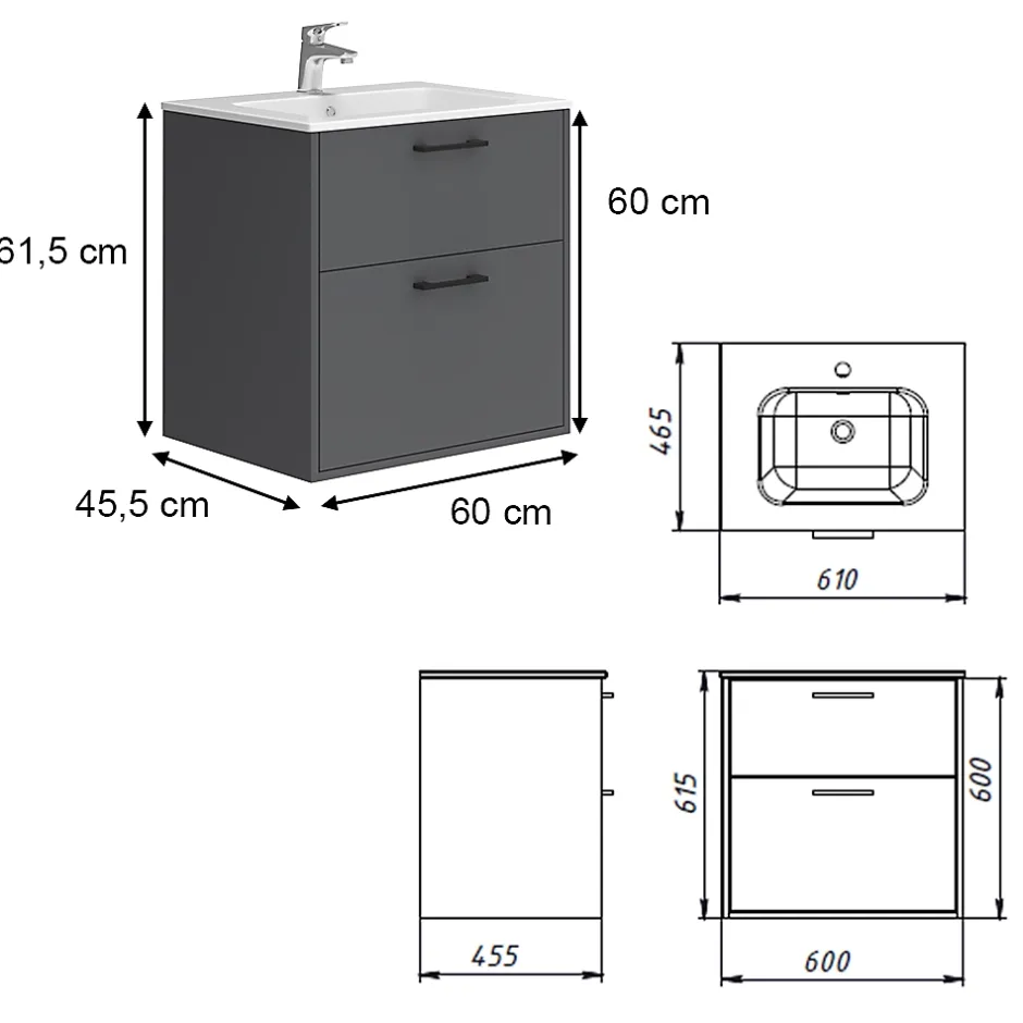 Vicco Ensemble de meubles de salle de bains Anthracite 61x61.5cm avec lavabo
