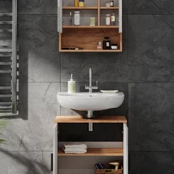 Vicco Ensemble meubles bain Blanc brillant/Chêne doré 2 pièces, armoire basse 60 cm