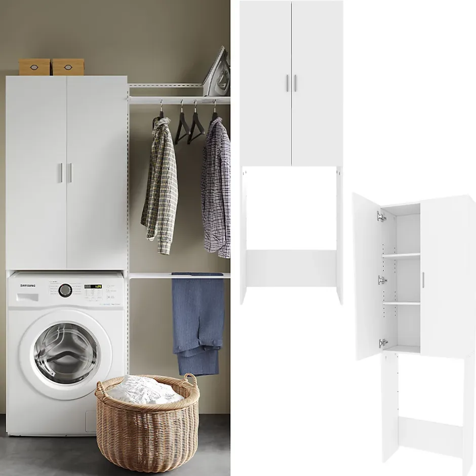 Vicco Meuble de machine à laver Blanc 64x190cm avec 2 portes longues* Meuble Wc