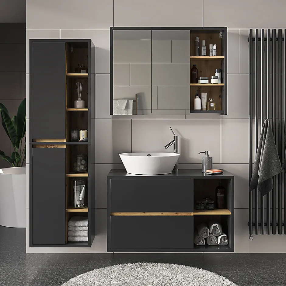 Vicco Meuble salle de bain Anthracite 50x170cm avec portes, et compartiments ouverts