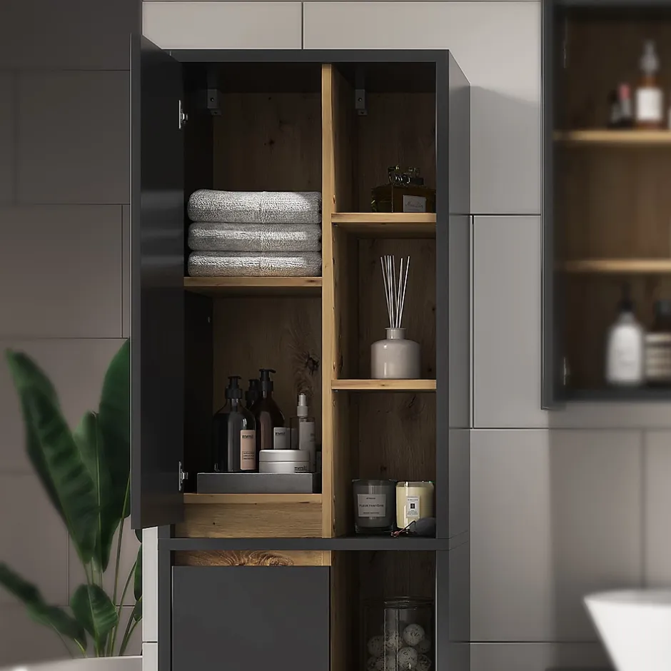 Vicco Meuble salle de bain Anthracite 50x170cm avec portes, et compartiments ouverts