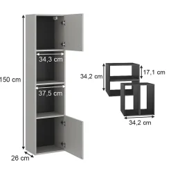 Vicco Meuble salle de bain Gris 37.5x150cm avec porte et compartiments ouverts* Colonne De Salle De Bains