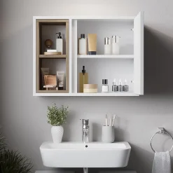 Vicco Meubles bain blanc/chêne avec armoire à glace et meuble bas* Ensemble Meuble De Salle De Bains