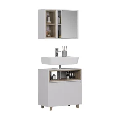 Vicco Meubles bain blanc/chêne avec armoire à glace et meuble bas* Ensemble Meuble De Salle De Bains