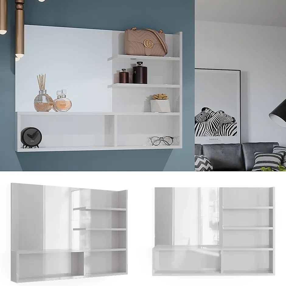 Vicco Miroir mural Blanc Haute brillance 89.8x65cm avec compartiments ouverts