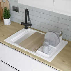 GoodHome Évier de cuisine 1 cuve et 1 égouttoir en composite de quartz blanc mat avec accessoires Romesco* Evier Et Robinet De Buanderie