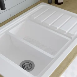 GoodHome Évier de cuisine 1 cuve et 1 égouttoir en composite de quartz blanc mat avec accessoires Romesco* Evier Et Robinet De Buanderie