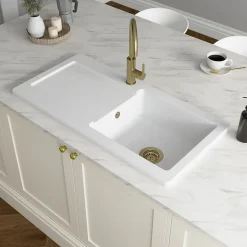 GoodHome Évier de cuisine 1 cuve et 1 égouttoir en céramique blanc Steinfield