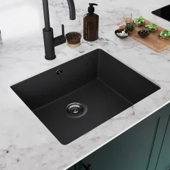 GoodHome Évier de cuisine en composite de quartz noir mat 1 bac à encastrer Sorrel