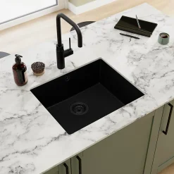 GoodHome Évier de cuisine en composite de quartz noir mat 1 bac à encastrer Sorrel