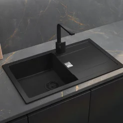 GoodHome Évier de cuisine en composite de quartz noir 1 bac à encastrer Hawking + égouttoir