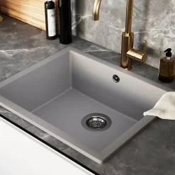 GoodHome Évier de cuisine en composite de quartz gris mat 1 bac à encastrer Sorrel