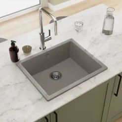 GoodHome Évier de cuisine en composite de quartz gris mat 1 bac à encastrer Sorrel
