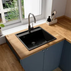 GoodHome Évier de cuisine en composite de quartz noir 1 bac à encastrer Hirase* Evier Et Robinet De Buanderie