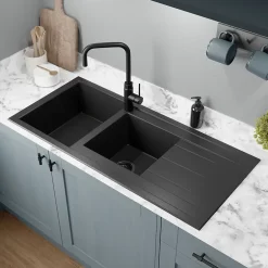 GoodHome Évier de cuisine en résine noir 2 bacs à encastrer et égouttoir Keluak* Evier Et Robinet De Buanderie