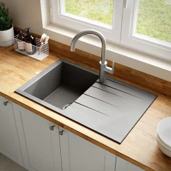 GoodHome Évier de cuisine en résine gris 1 bac à encastrer et égouttoir Keluak* Evier Et Robinet De Buanderie