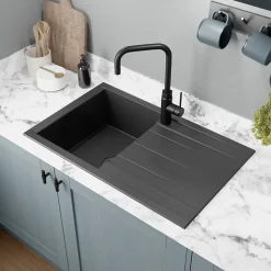 GoodHome Évier de cuisine en résine noir 1 bac à encastrer et égouttoir Keluak* Evier Et Robinet De Buanderie