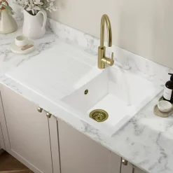 GoodHome Évier de cuisine en résine blanc 1 bac à encastrer et égouttoir Keluak* Evier Et Robinet De Buanderie