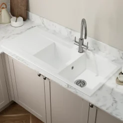 GoodHome Évier de cuisine en résine blanc 2 bacs à encastrer et égouttoir Keluak* Evier Et Robinet De Buanderie