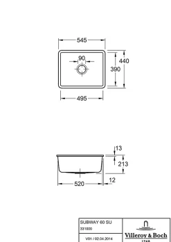 Villeroy & Boch Évier sous-plan en céramique 1 cuve à encastrer Subway blanc mat