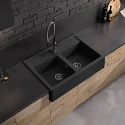 Carea Évier timbre d'office de cuisine à poser 2 bacs granit noir