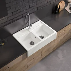 Carea Évier timbre d'office de cuisine à poser 2 bacs granit blanc glacial* Evier Et Robinet De Buanderie