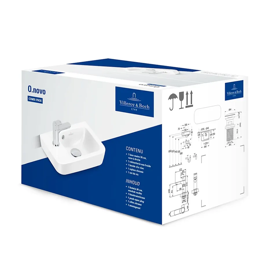 Villeroy & Boch O.novo, pack lave-mains avec robinetterie, bonde clic-clac, siphon chromé et kit de fixation* Lavabo
