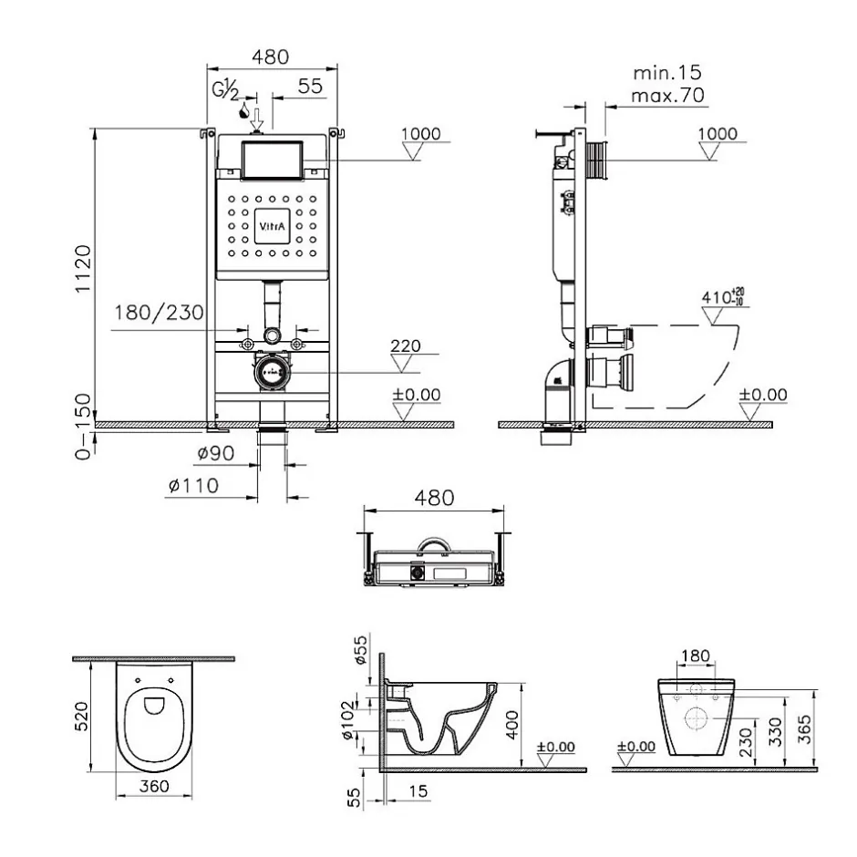 Vitra Pack WC S50 suspendu cuvette carénée et bati support mur porteur avec plaque Blanche