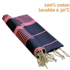Vivezen Véritable fouta Tunisienne 1m x 2m tissage à plat 100% coton 380g - Gris foncé et rose -
