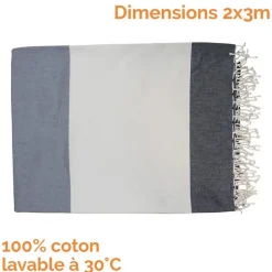 Vivezen Véritable fouta Tunisienne XXL 2m x 3m tissage à plat 100% coton 380g - Gris et beige -