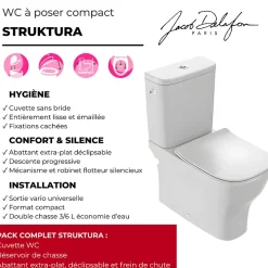 Jacob Delafon WC à poser compact sans bride sortie universelle avec abattant extra-plat, déclipsable et frein de chute