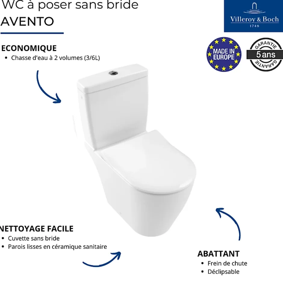 Villeroy & Boch WC à poser compact sans bride VILLEROY ET BOCH Avento avec abattant* Wc Suspendu