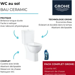 Grohe WC à poser sans bride Bau Ceramic avec abattant frein de chute declipsable + nettoyant Briochin