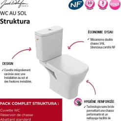 Jacob Delafon WC à poser sans bride sortie horizontale Struktura avec abattant + Tabouret physiologique blanc