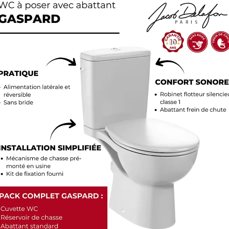 Jacob Delafon WC à poser sans bride sortie horizontale Gaspard avec abattant frein de chute déclipsable + Tabouret blanc* Wc À Poser