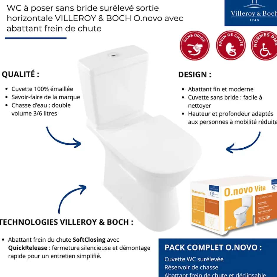 Villeroy & Boch WC à poser sans bride surélevé sortie horizontale O.novo avec abattant frein de chute + Nettoyant* Wc À Poser
