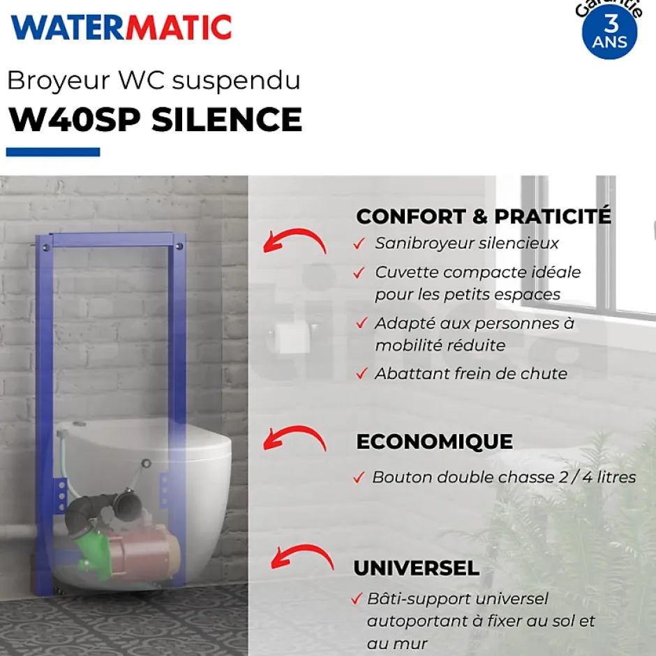Watermatic WC broyeur suspendu W40SP Silence avec abattant* Wc Chimique Et Broyeur