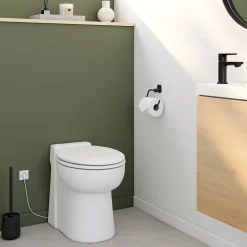 TurboFlush WC broyeur compact l.24,5 x H.47 x P.54,5 cm, blanc en céramique anticalcaire, 500W, double chasse et abattant antibactérien