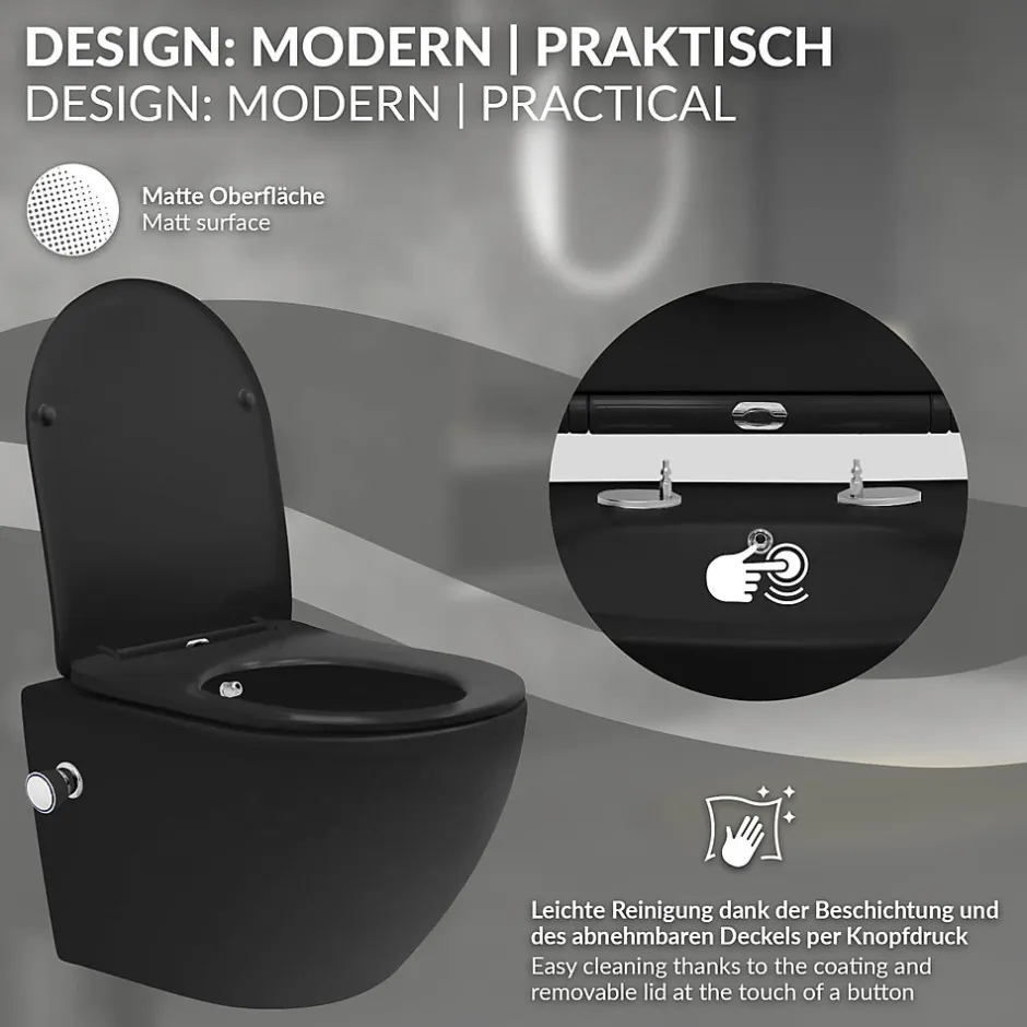 Luxebath WC suspendu chasse d'eau tornado fonction bidet noir mat avec siège Softclose